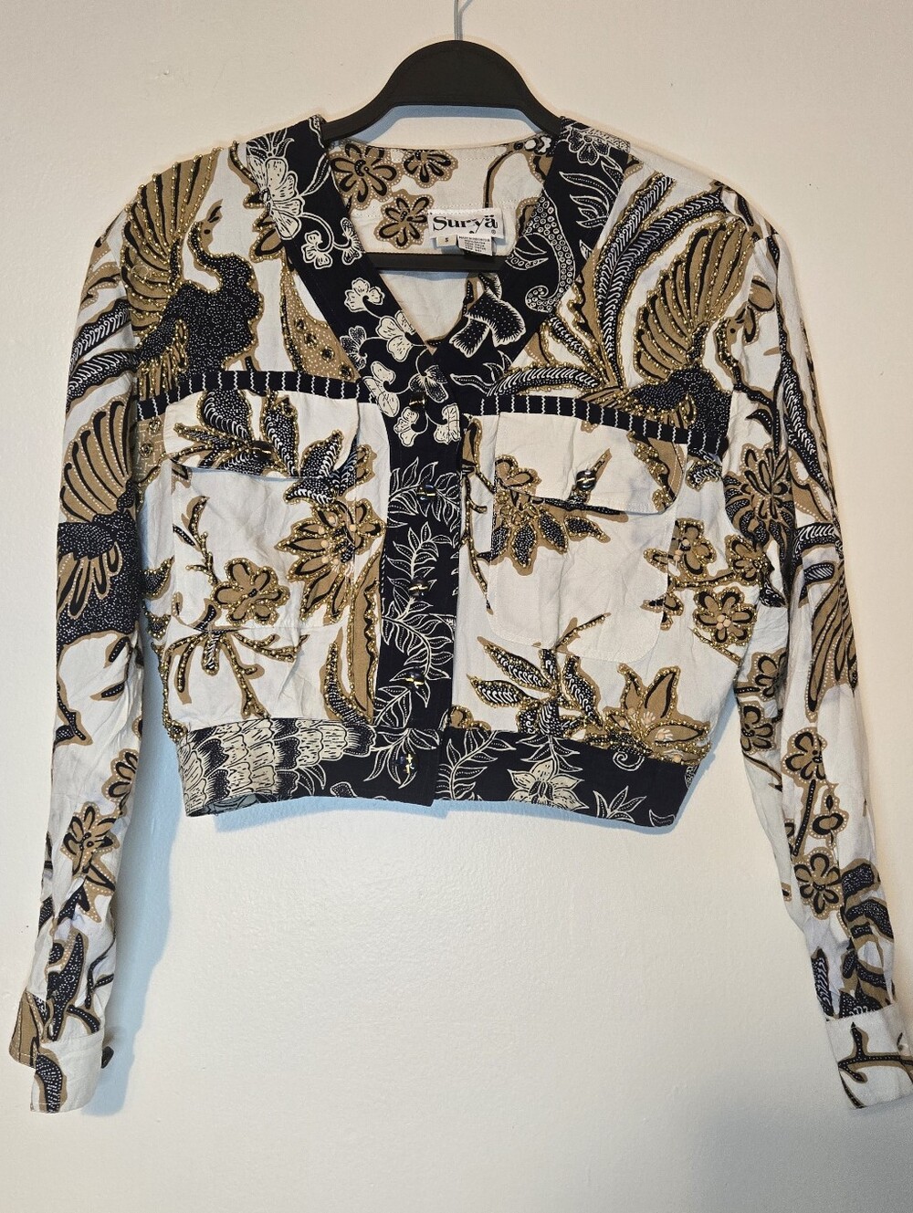 Vintage Surya Beaded Cropped Batik Jacket Art to Wear Bohemian Small